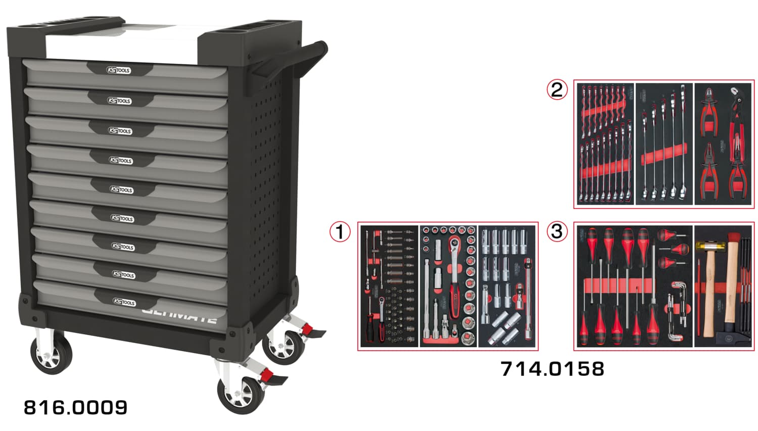 Servante ULTIMATE grise et noire 9 tiroirs équipée de 158 outils