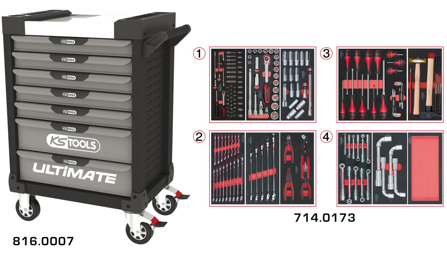 Servante ULTIMATE grise et noire 7 tiroirs équipée de 173 outils