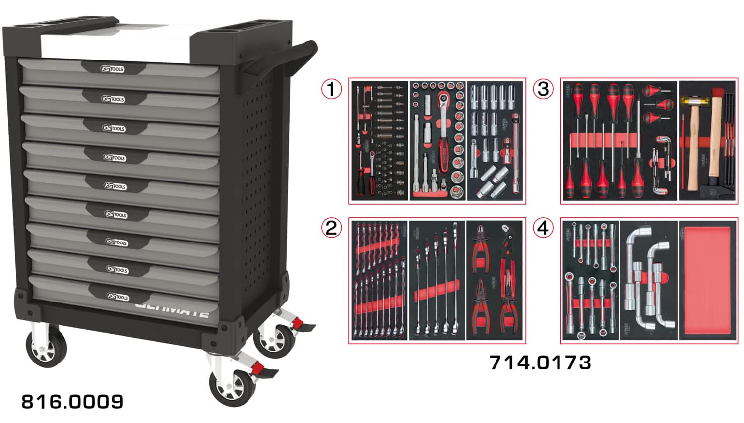 Servante ULTIMATE grise et noire 9 tiroirs équipée de 173 outils