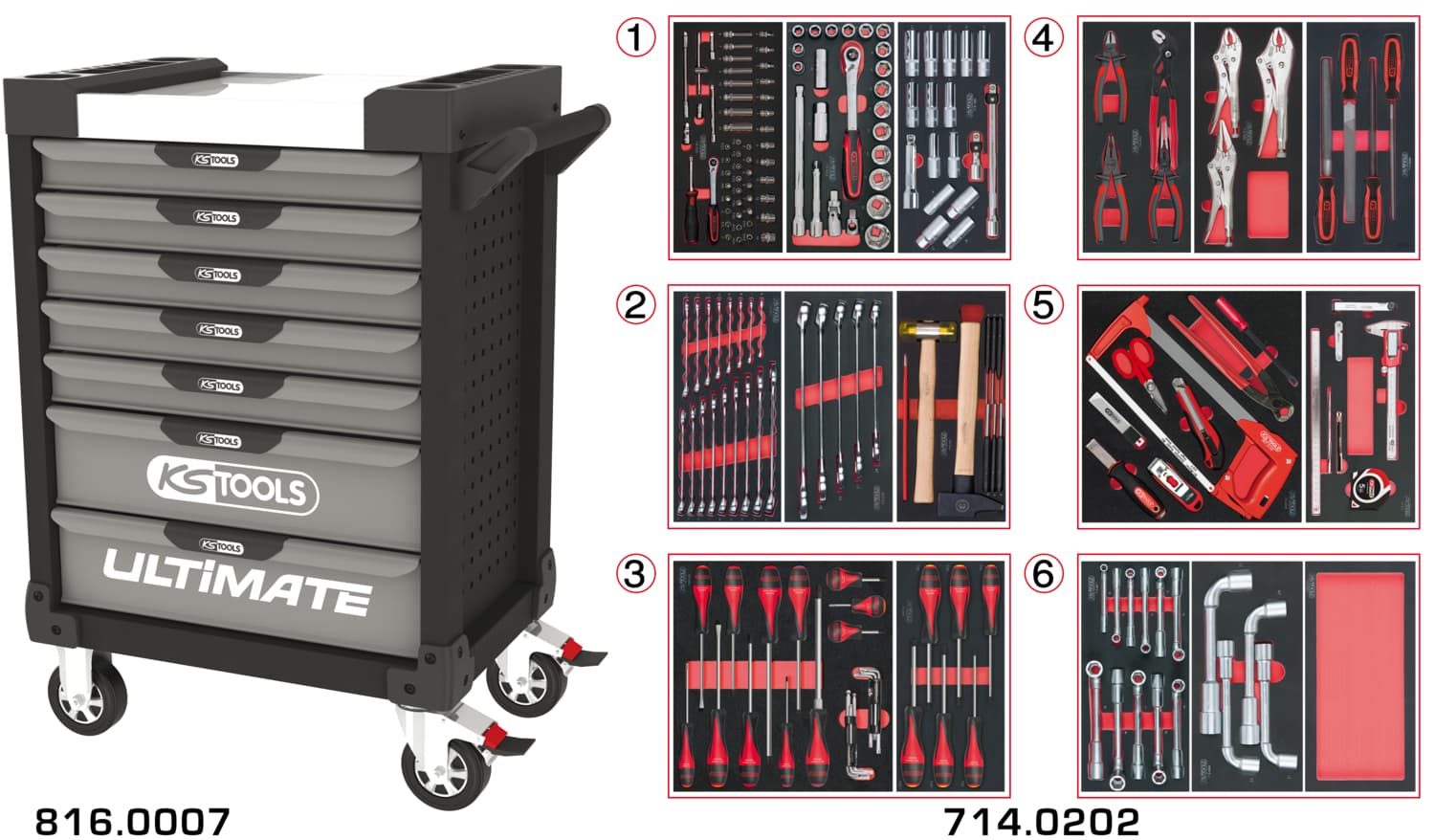Servante ULTIMATE grise et noire 7 tiroirs équipée de 202 outils