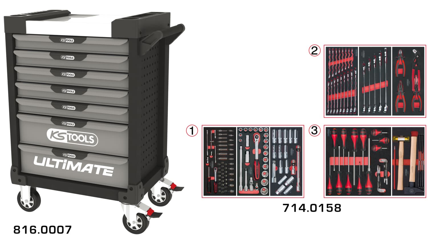 Servante ULTIMATE grise et noire 7 tiroirs équipée de 158 outils