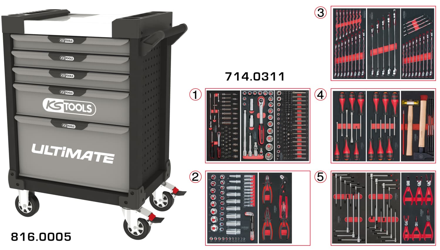 Servante ULTIMATE grise et noire 5 tiroirs équipée de 311 outils