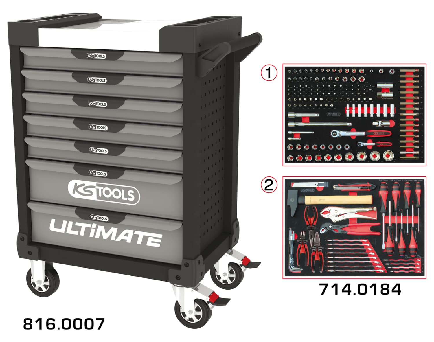 Servante ULTIMATE grise et noire 7 tiroirs équipée de 184 outils