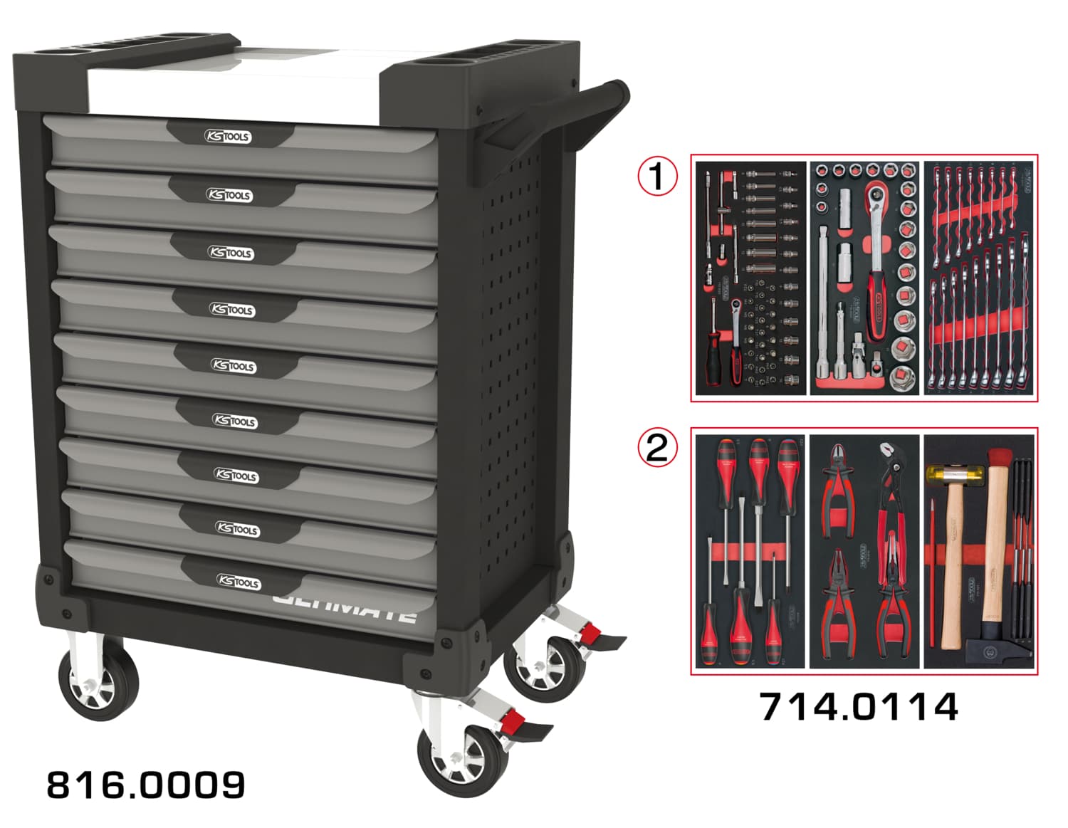 Servante ULTIMATE grise et noire 9 tiroirs équipée de 114 outils
