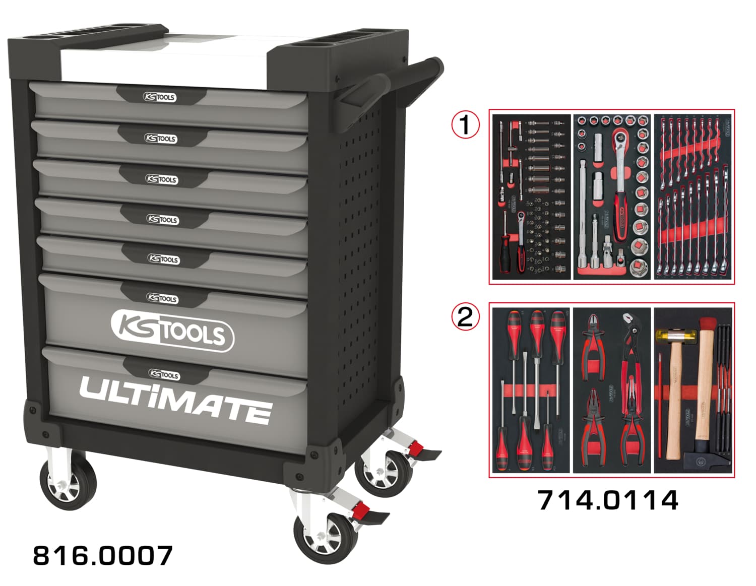 Servante ULTIMATE grise et noire 7 tiroirs équipée de 114 outils