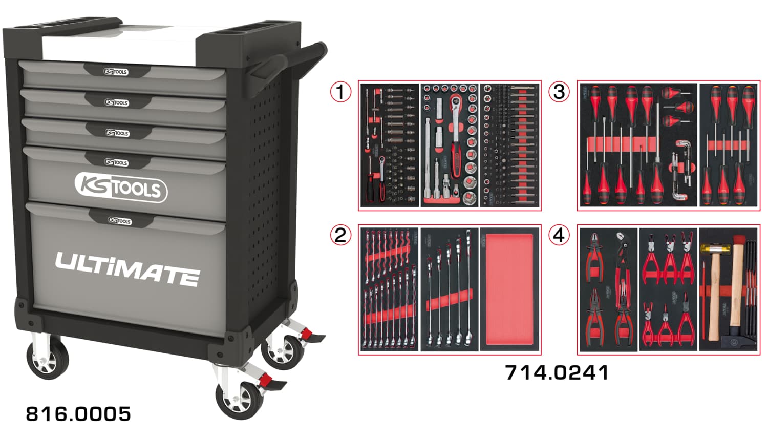 Servante ULTIMATE grise et noire 5 tiroirs équipée de 241 outils