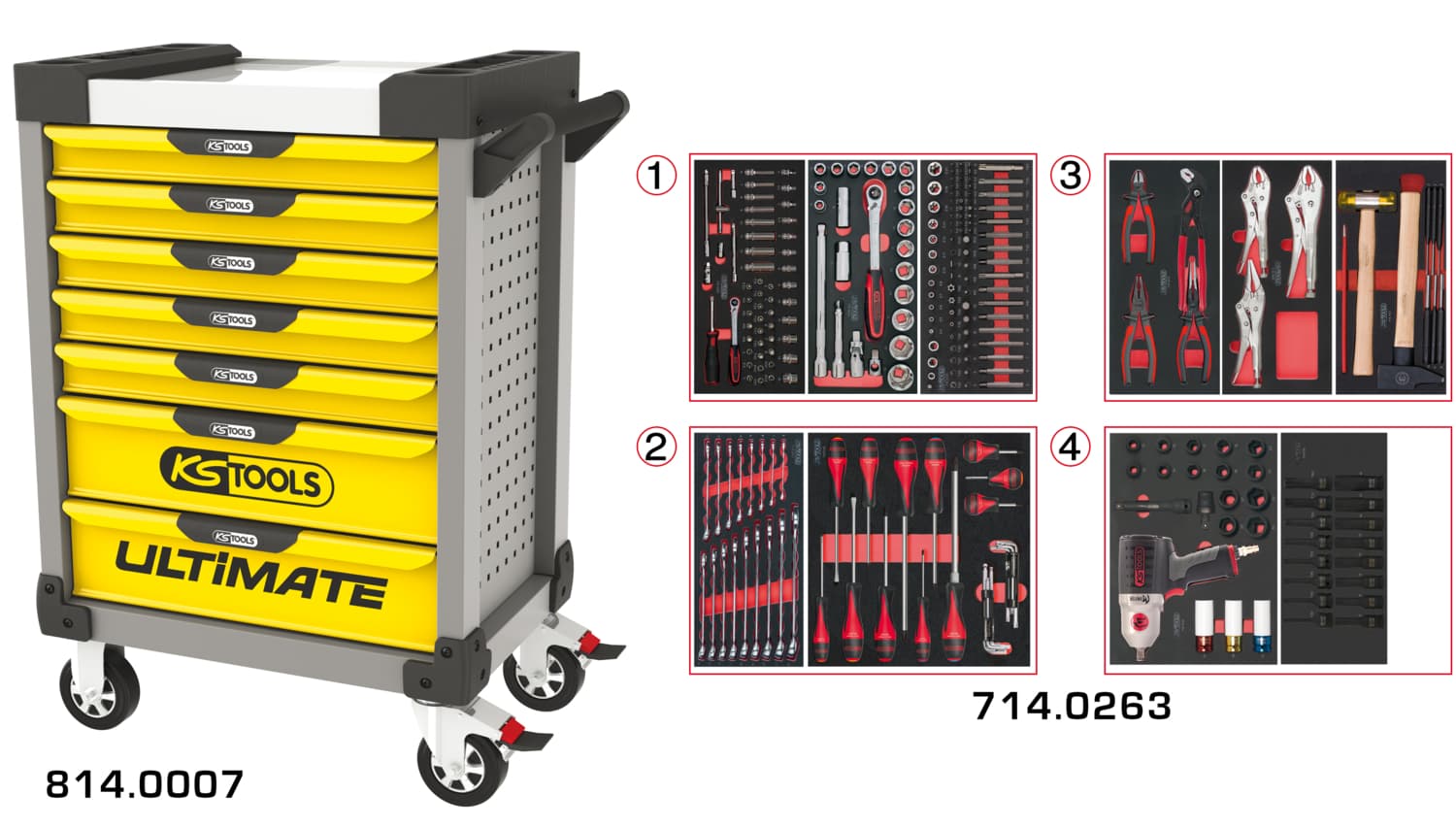 Servante ULTIMATE grise et jaune 7 tiroirs équipée de 263 outils