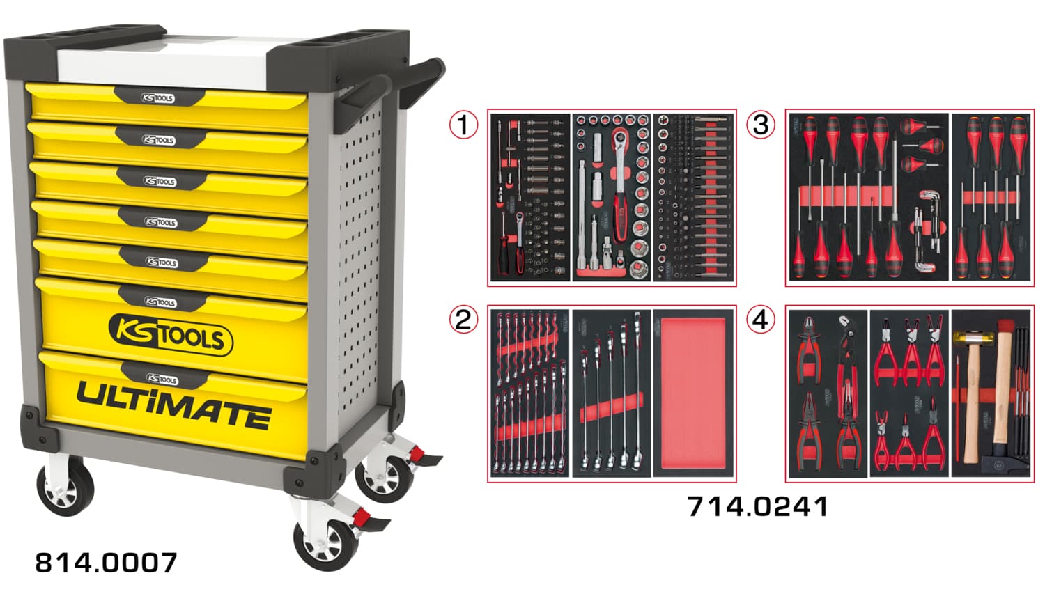 Servante ULTIMATE grise et jaune 7 tiroirs équipée de 241 outils