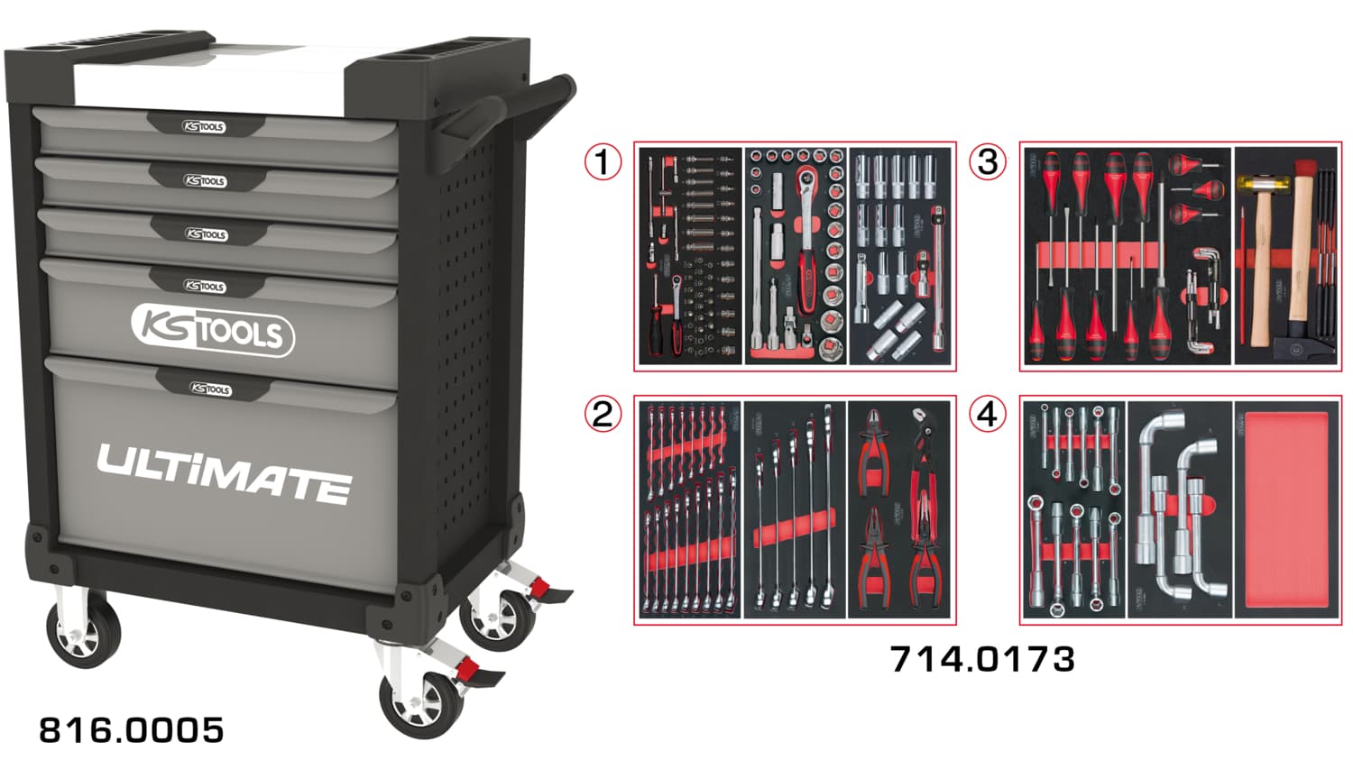 Servante ULTIMATE grise et noire 5 tiroirs équipée de 173 outils