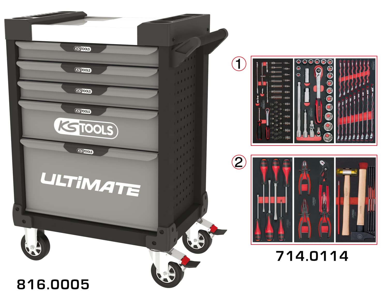 Servante ULTIMATE grise et noire 5 tiroirs équipée de 114 outils