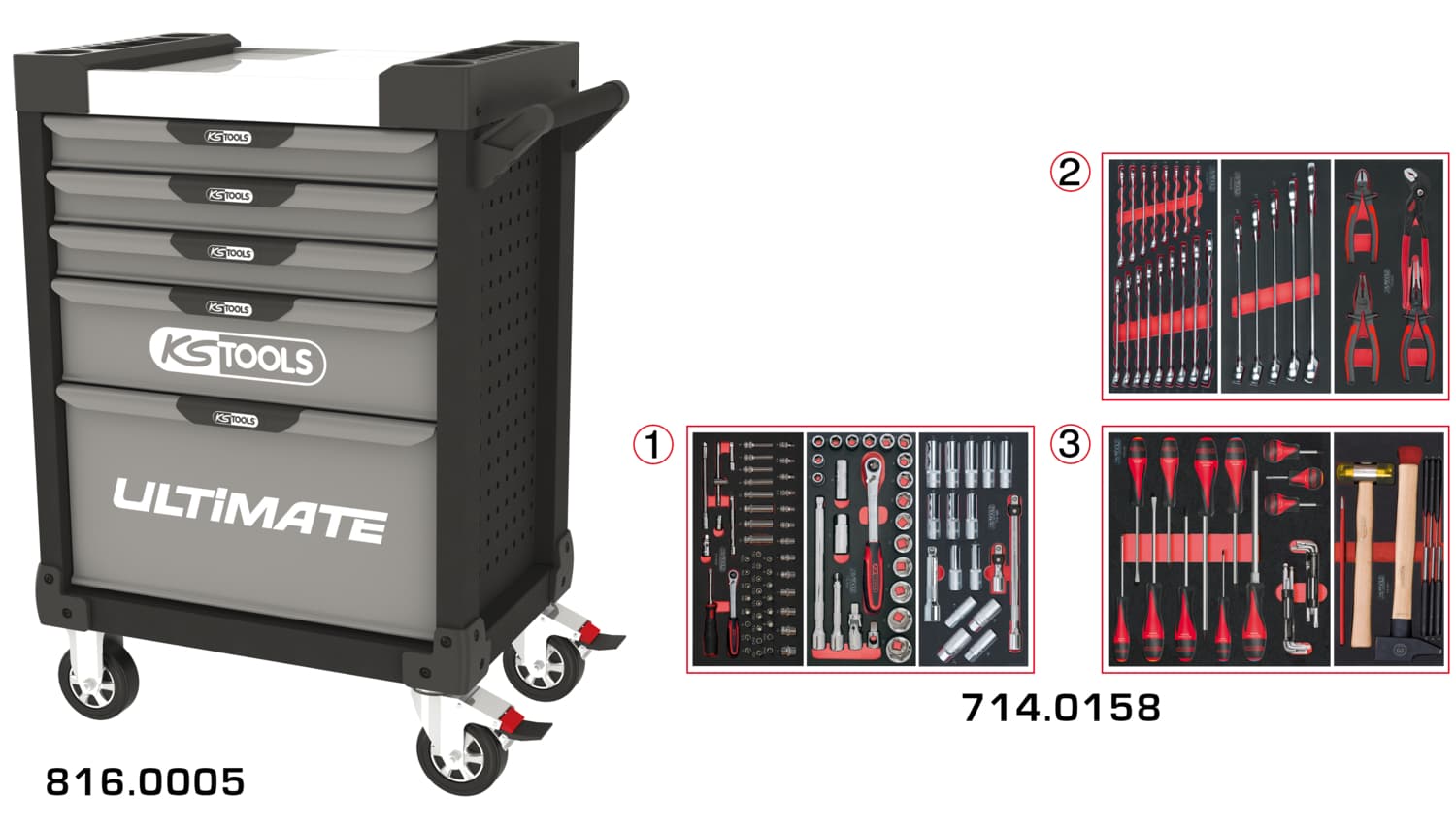 Servante ULTIMATE grise et noire 5 tiroirs équipée de 158 outils