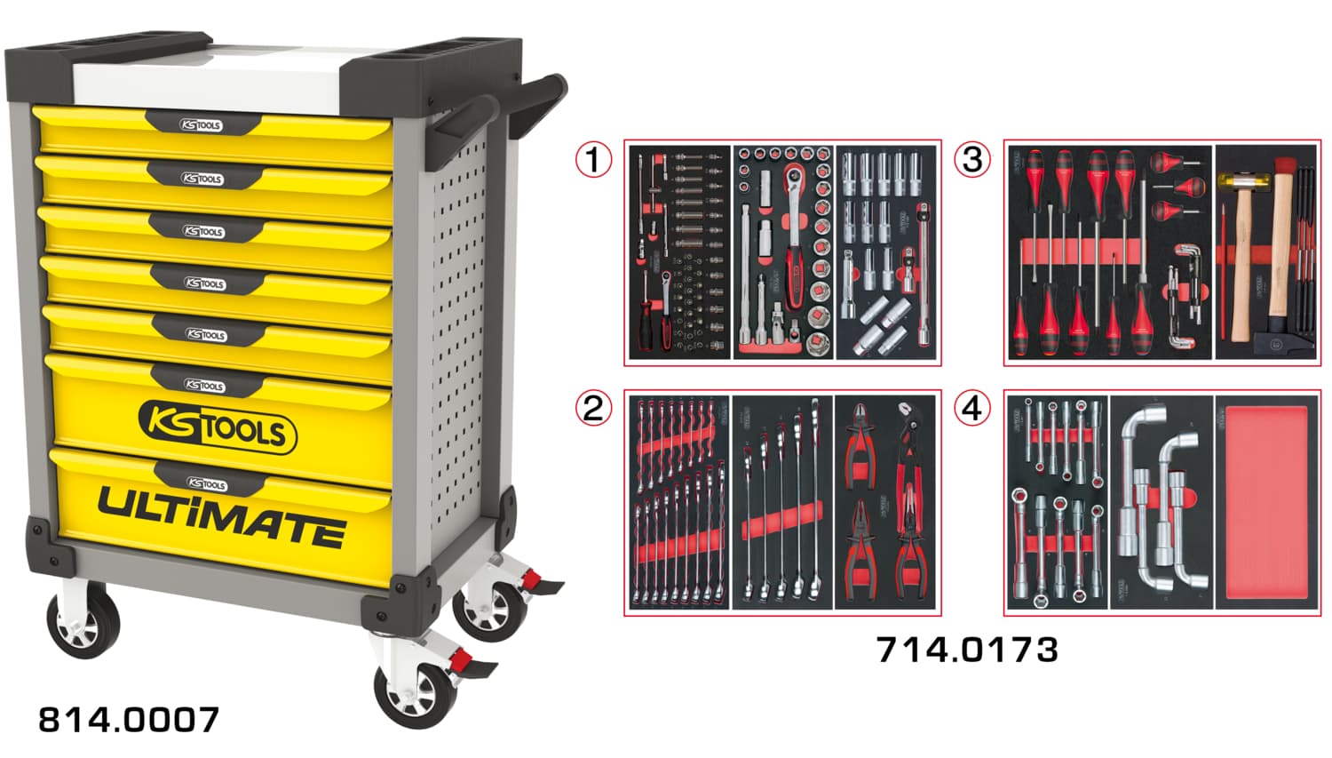 Servante ULTIMATE grise et jaune 7 tiroirs équipée de 173 outils