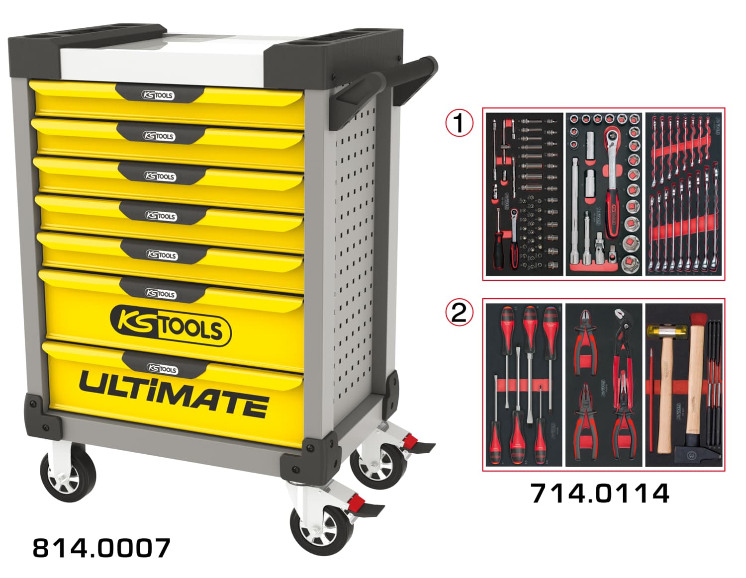 Servante ULTIMATE jaune et gris 7 tiroirs équipée de 114 outils