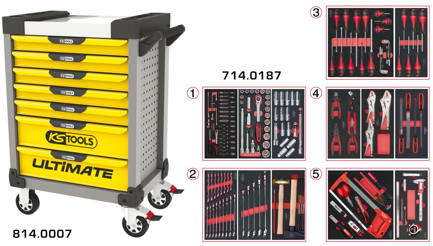 Servante ULTIMATE grise et jaune 7 tiroirs équipée de 187 outils