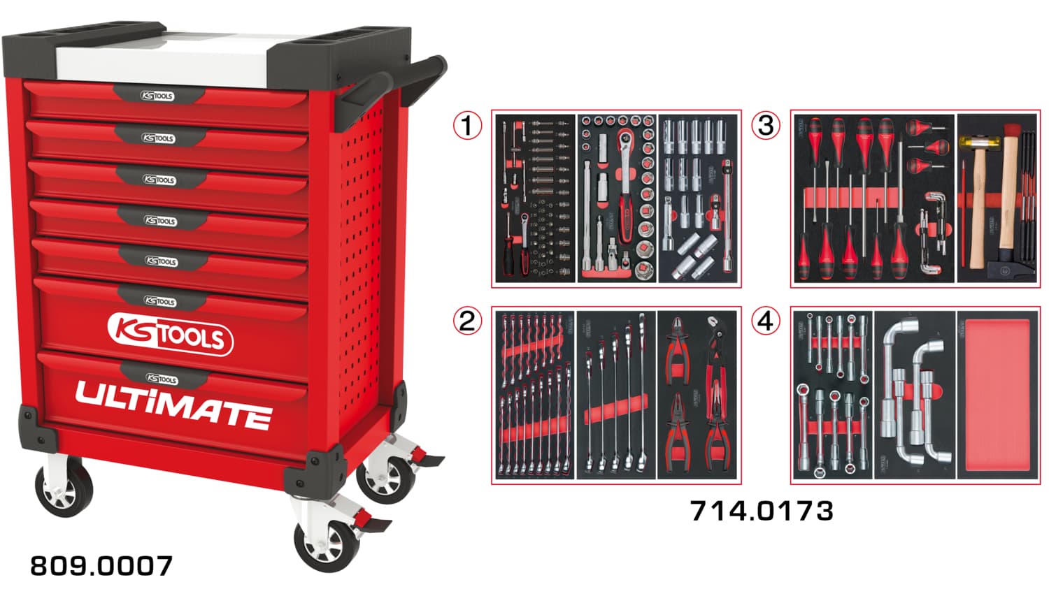 Servante ULTIMATE rouge 7 tiroirs équipée de 173 outils
