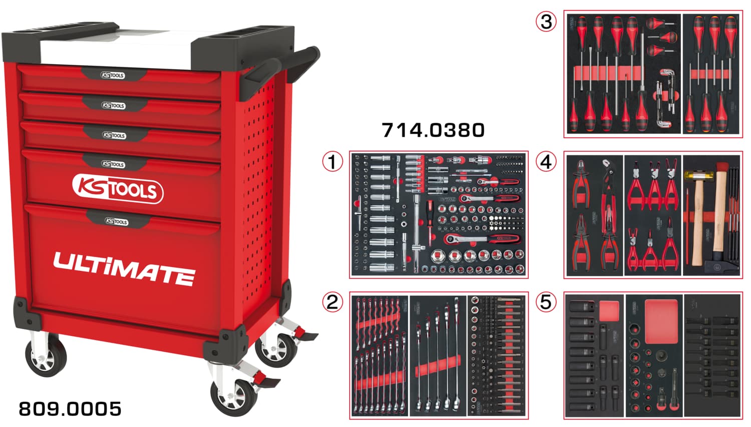 Servante ULTIMATE rouge 5 tiroirs équipée de 384 outils