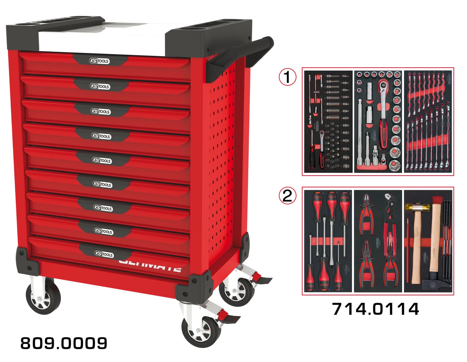 Servante ULTIMATE rouge 9 tiroirs équipée de 114 outils