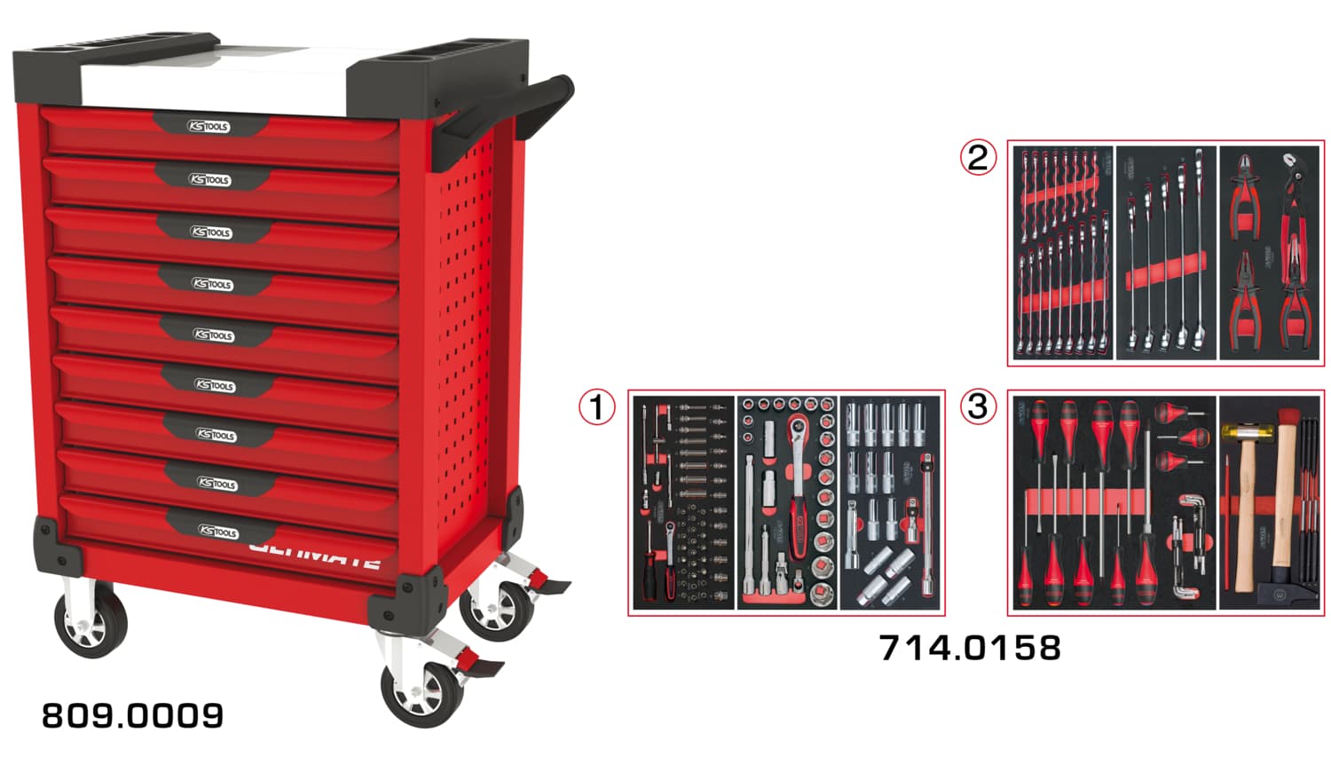 Servante ULTIMATE rouge 9 tiroirs équipée de 158 outils