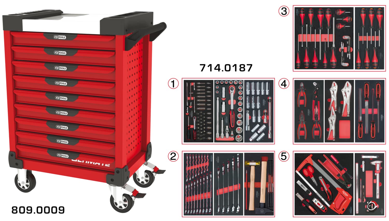 Servante ULTIMATE rouge 9 tiroirs équipée de 187 outils