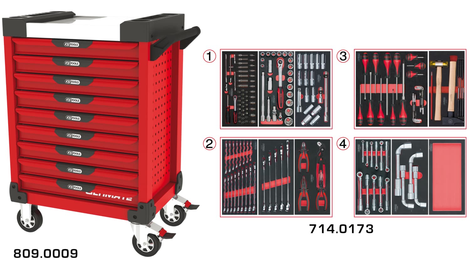 Servante ULTIMATE rouge 9 tiroirs équipée de 173 outils