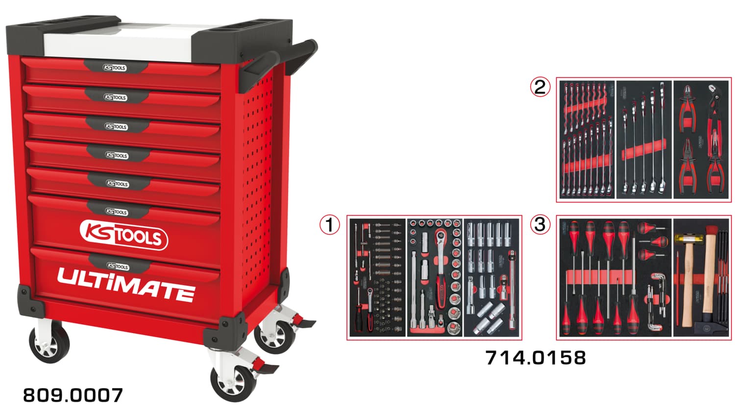 Servante ULTIMATE rouge 7 tiroirs équipée de 158 outils