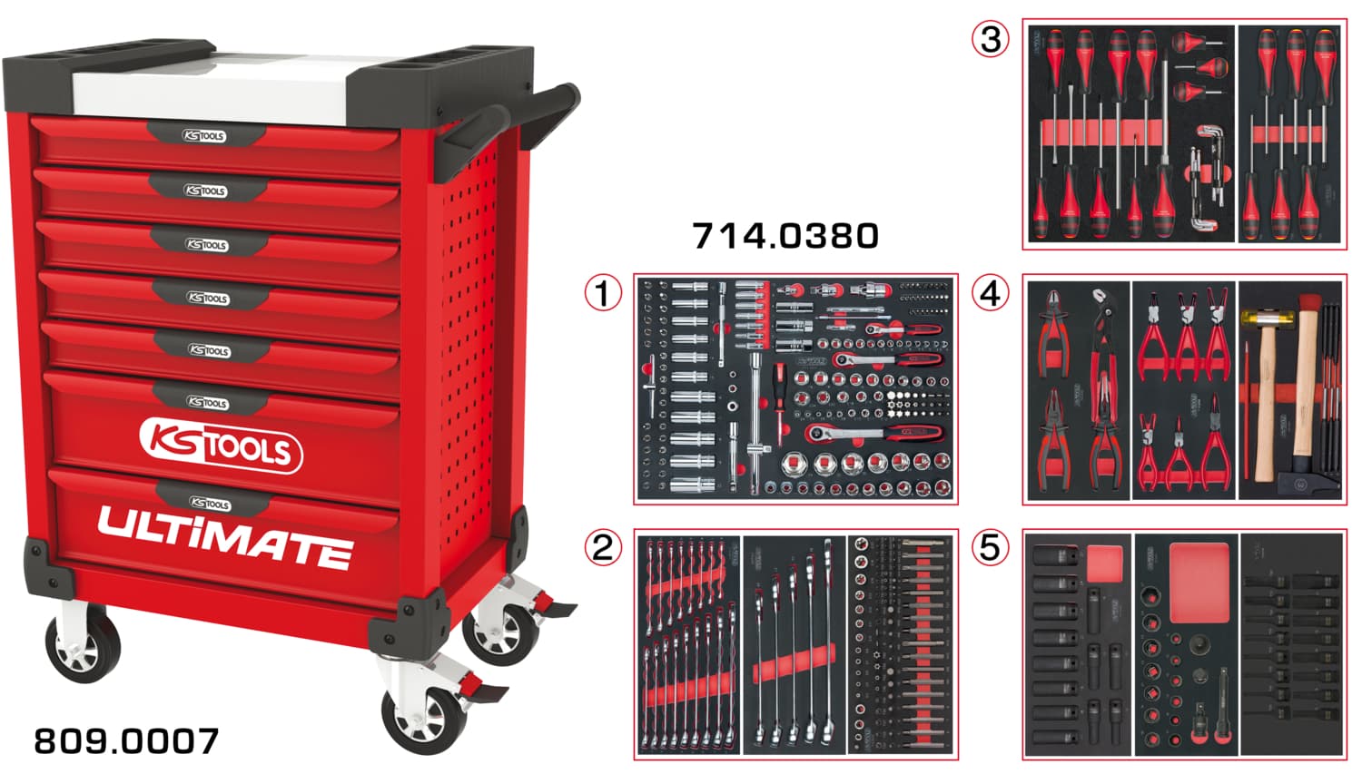 Servante ULTIMATE rouge 7 tiroirs équipée de 384 outils
