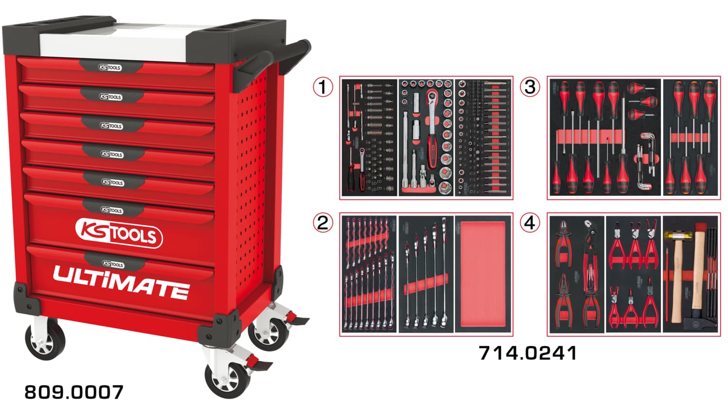 Servante ULTIMATE rouge 7 tiroirs équipée de 241 outils