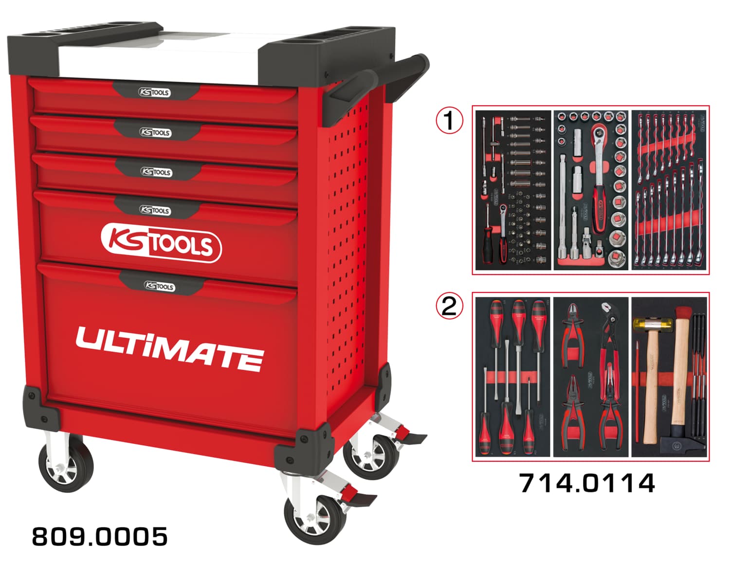 Servante ULTIMATE rouge 5 tiroirs équipée de 114 outils