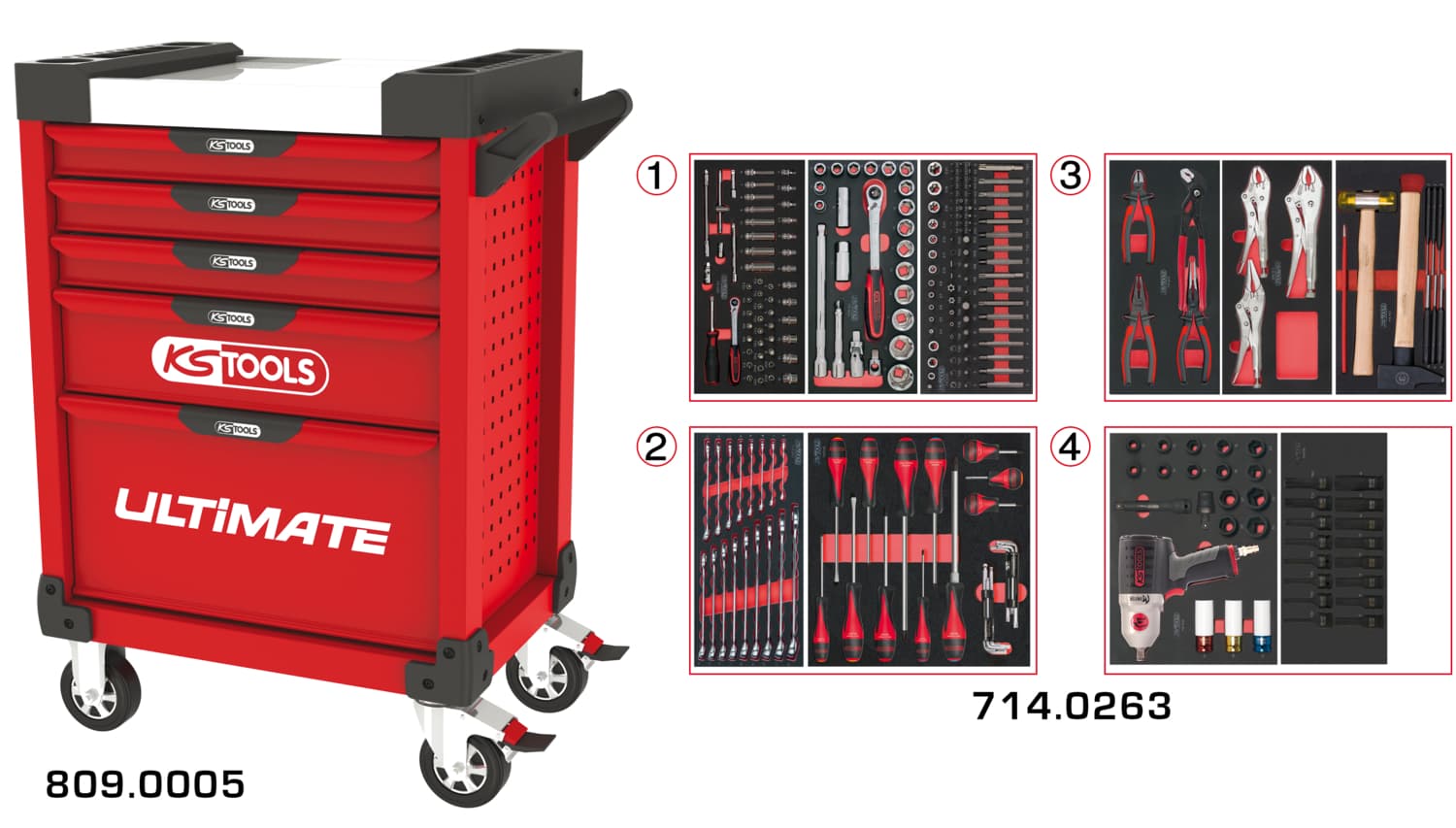 Servante ULTIMATE rouge 5 tiroirs équipée de 263 outils