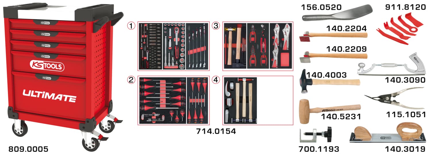 Servante ULTIMATE 5 tiroirs avec composition d’outils pour la carrosserie. 166 p