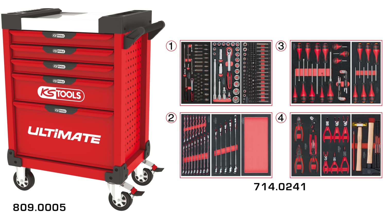 Servante ULTIMATE rouge 5 tiroirs équipée de 241 outils