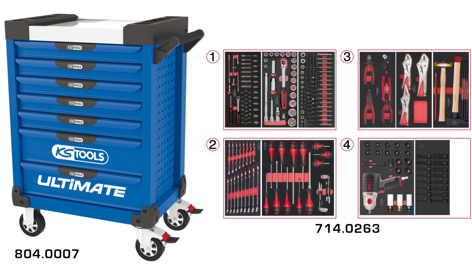 Servante ULTIMATE bleue 7 tiroirs équipée de 263 outils