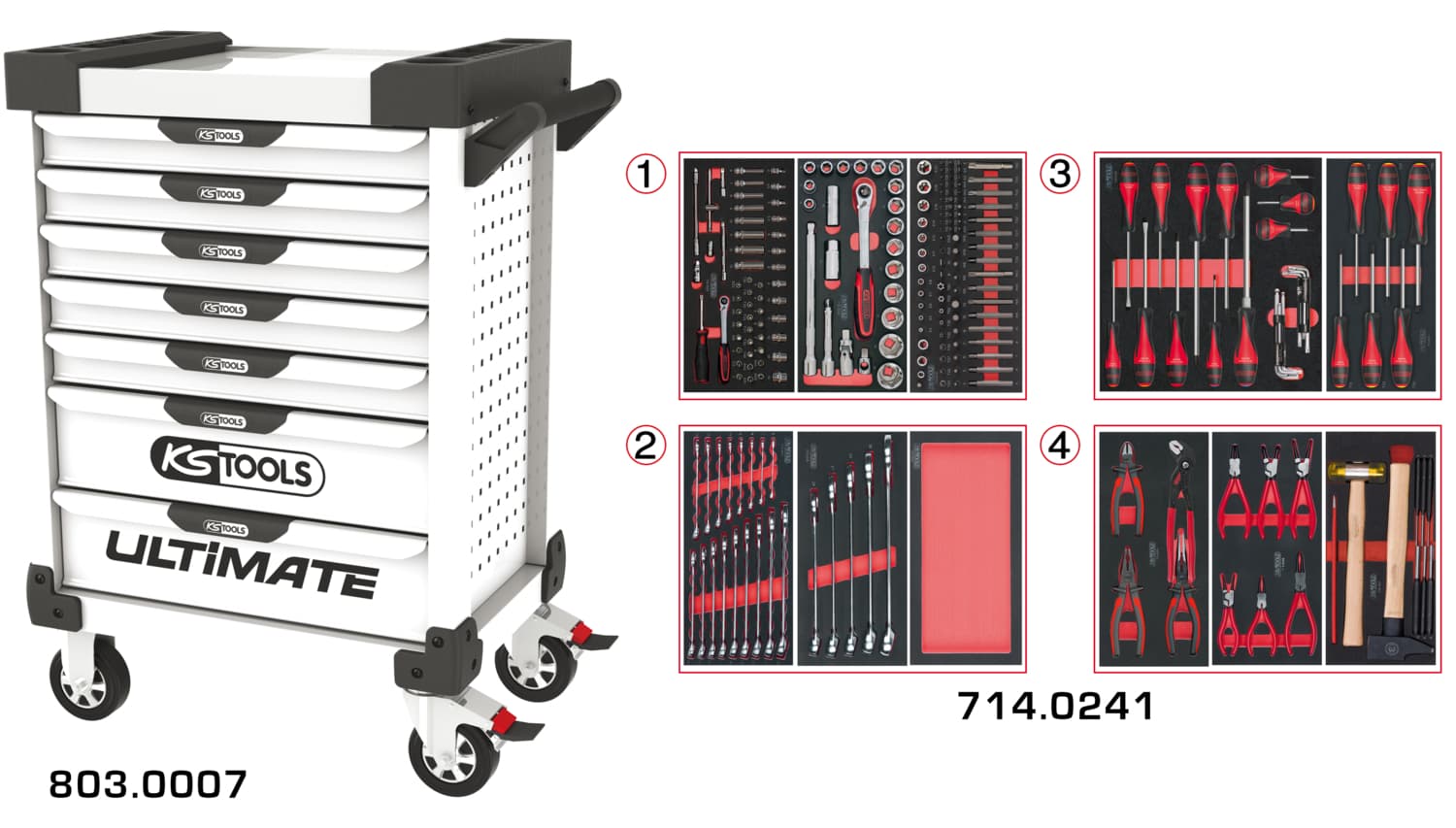 Servante ULTIMATE blanche 7 tiroirs équipée de 241 outils
