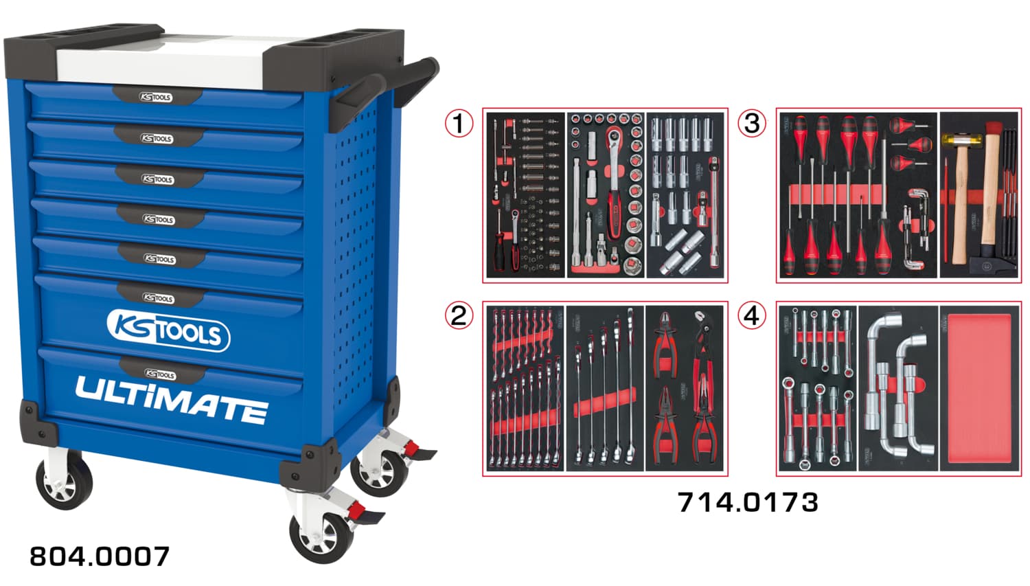Servante ULTIMATE bleue 7 tiroirs équipée de 173 outils