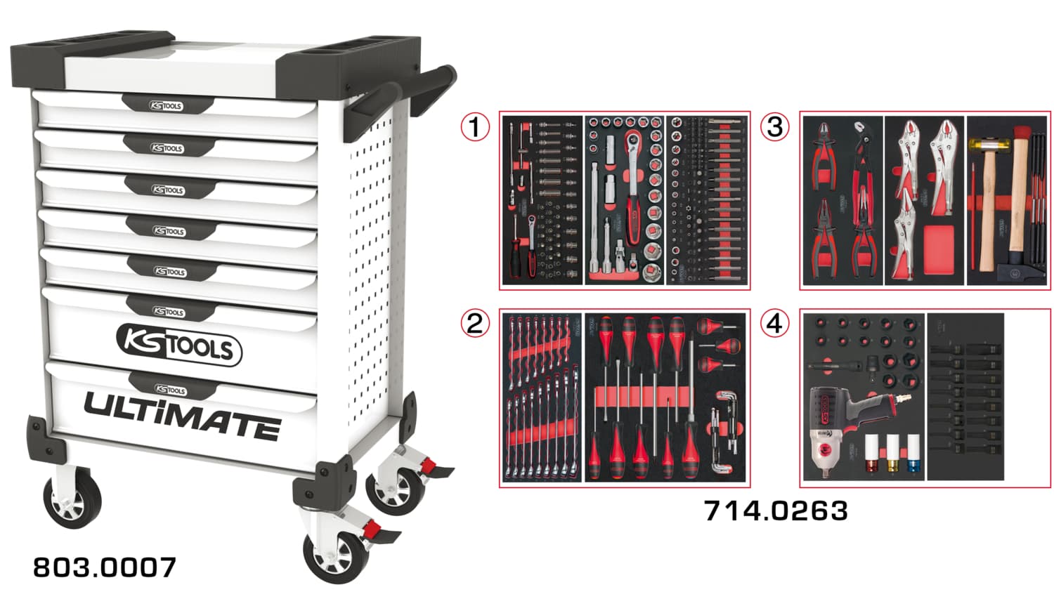 Servante ULTIMATE blanche 7 tiroirs équipée de 263 outils