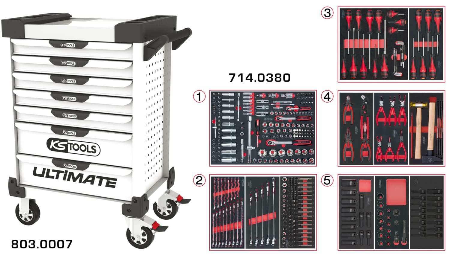 Servante ULTIMATE blanche 7 tiroirs équipée de 384 outils
