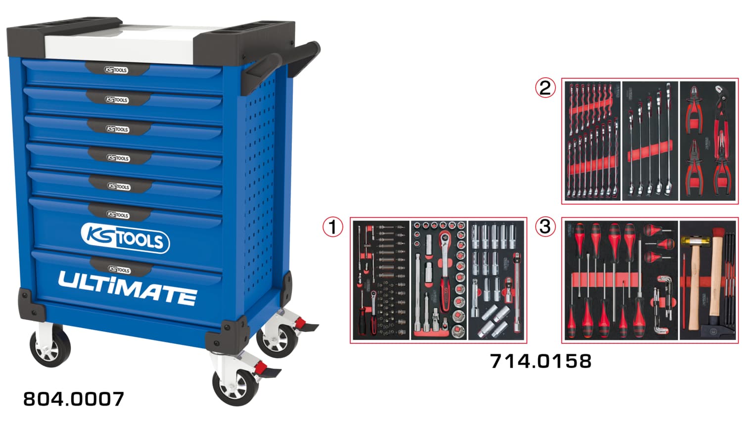 Servante ULTIMATE bleue 7 tiroirs équipée de 158 outils
