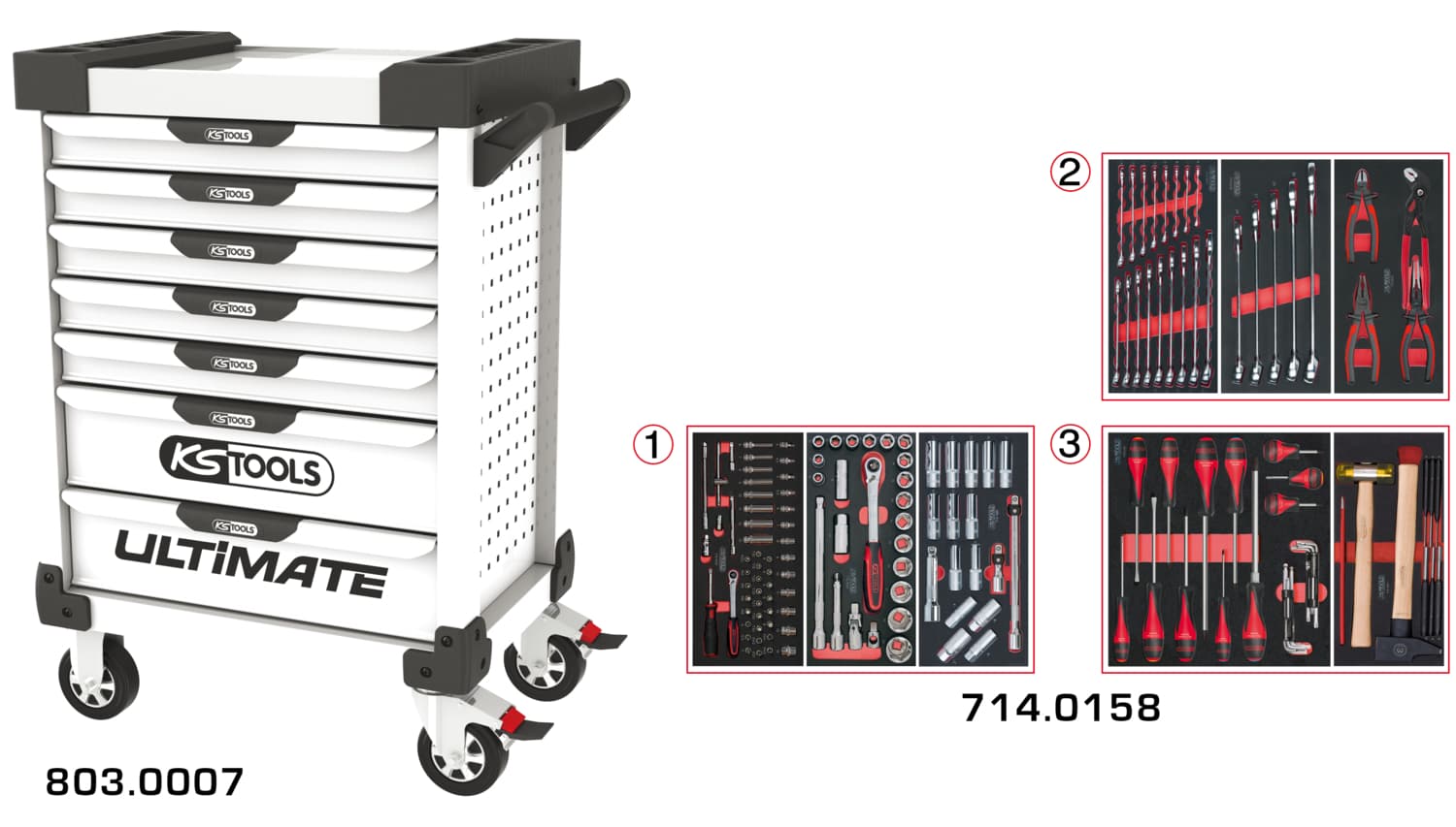Servante ULTIMATE blanche 7 tiroirs équipée de 158 outils