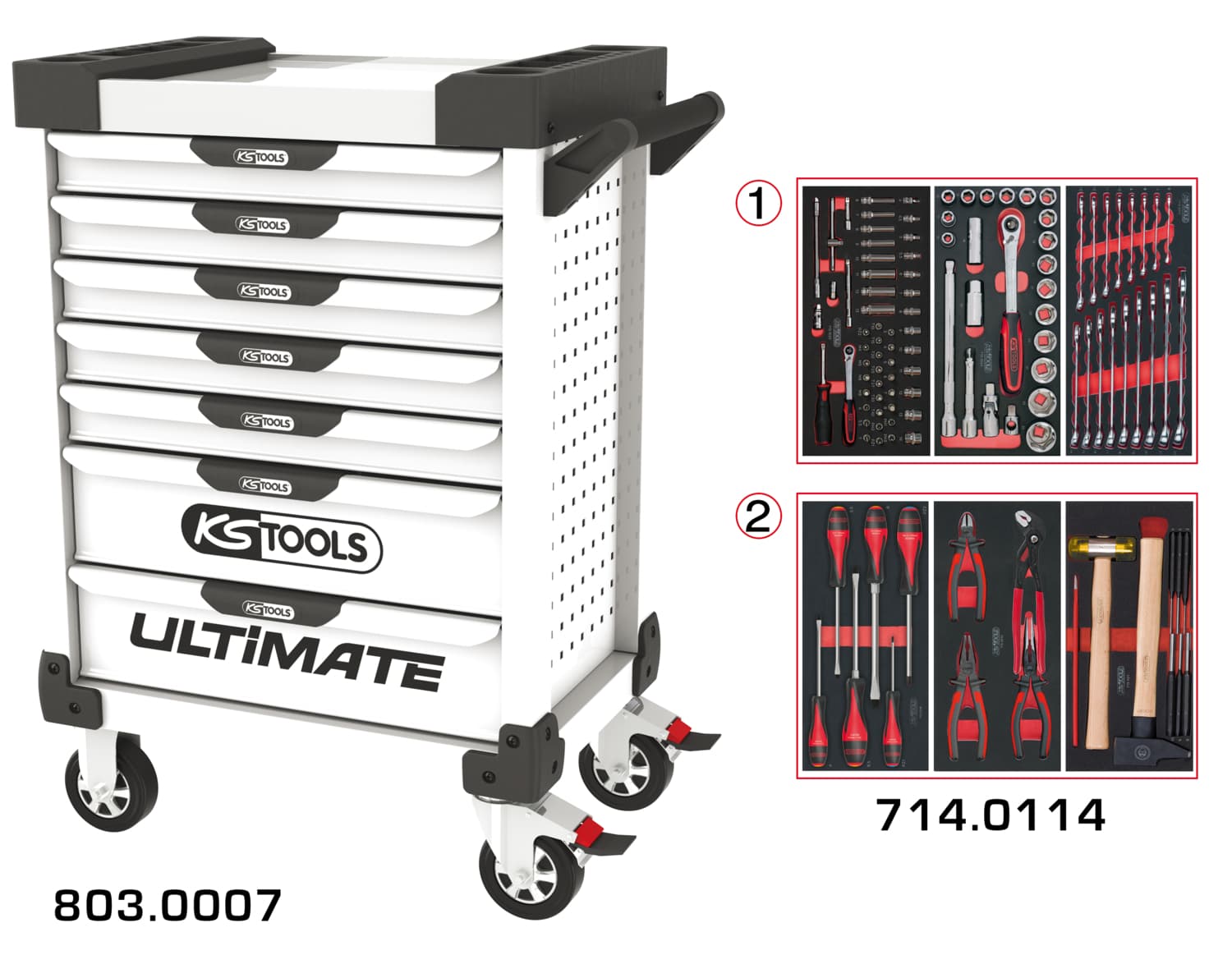 Servante ULTIMATE blanche 7 tiroirs équipée de 114 outils