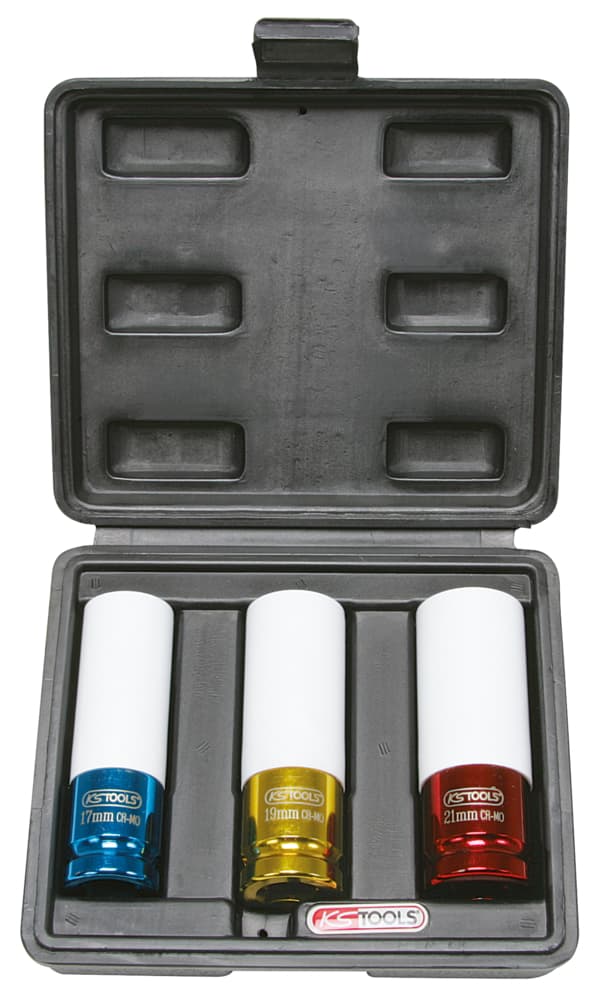 Jeu de 3 douilles à chocs pour jantes aluminium. 17. 19. 21 mm