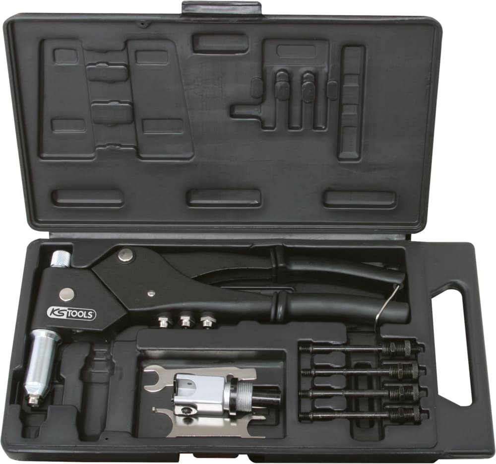 Coffret de pinces à rivets, écrous aveugles (insert) et chevilles tête pivotante