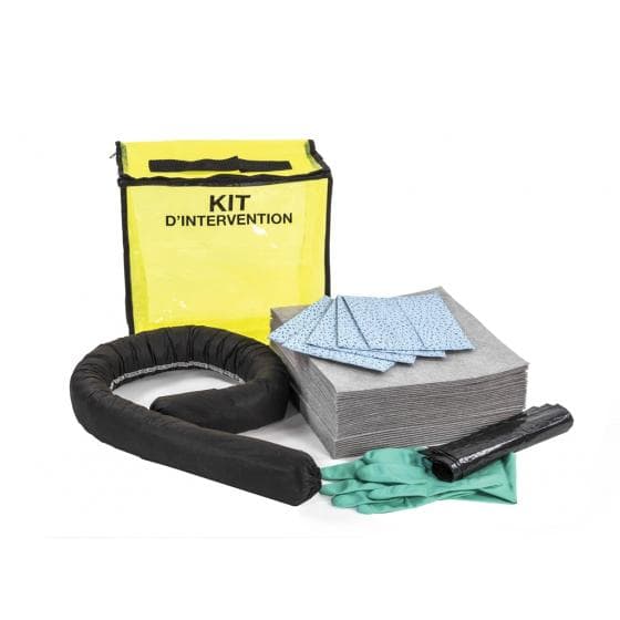 Kit d'intervention pour tous liquides, capacité d'absorption 20 litres. Présenta