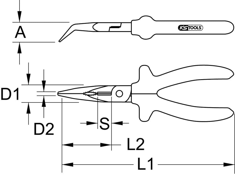 Pince à bec demi-rond courbée à 45°, L.200 mm