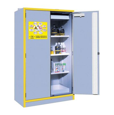 Armoire de sécurité grise et jaune pour produits inflammables,