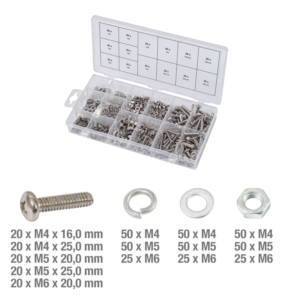 Assortiment de vis. rondelles et écrous en inox. 475 pcs