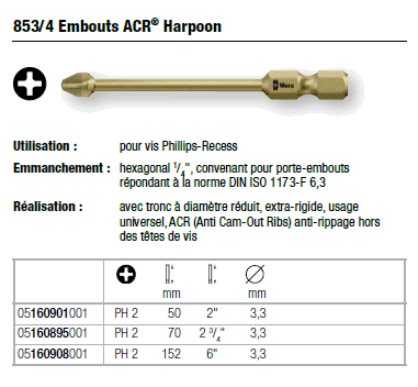 Embout acr harpoon  853/4   ph2  longueur  70mm