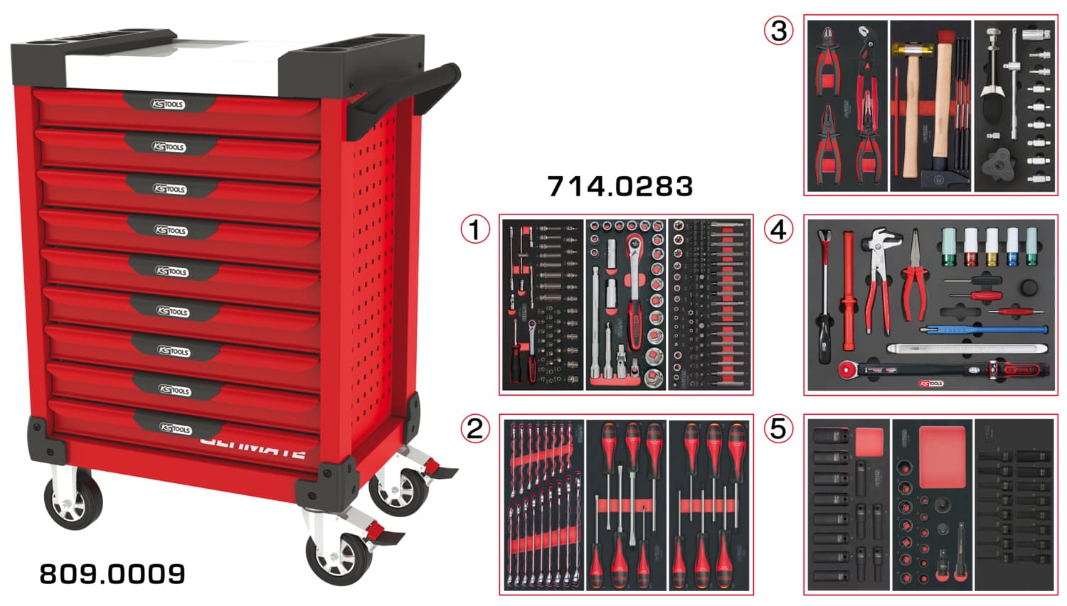 Servante ULTIMATE rouge 9 tiroirs équipée de 283 outils