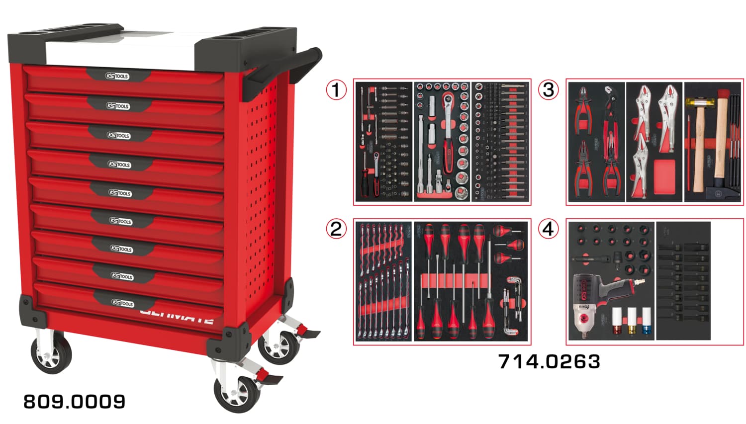 Servante ULTIMATE rouge 9 tiroirs équipée de 263 outils