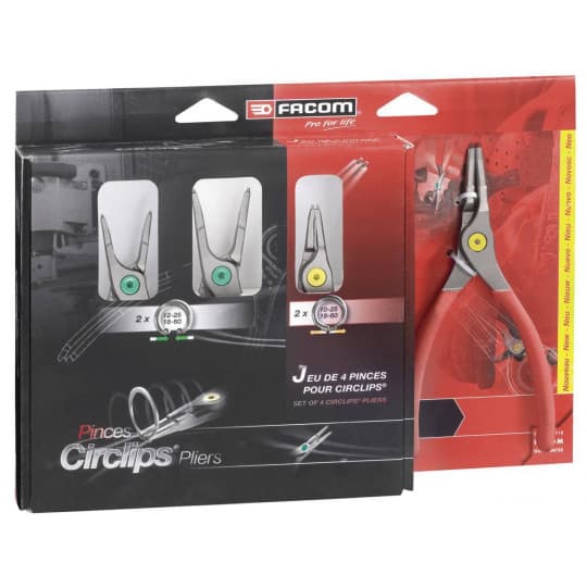 Jeu de 4 pinces circlips intérieures/ extérieures, becs droits, 12 à 25mm et 18