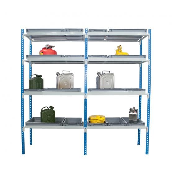 Rayonnage léger, 4 niveaux avec 8 bacs polypropylène (600 x 400 x H75 mm) pour s